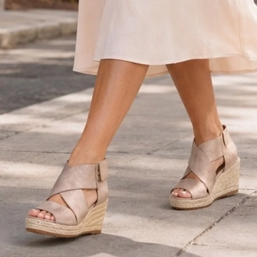 Eileen Fisher Willow Metallic Bronze Suede Jute Espadrille Wedge Sandals 8.5